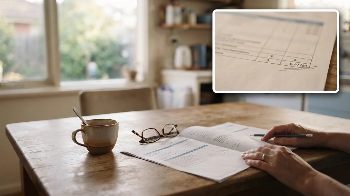A superannuation member statement and a pair of reading glasses on a kitchen table in warm afternoon light.